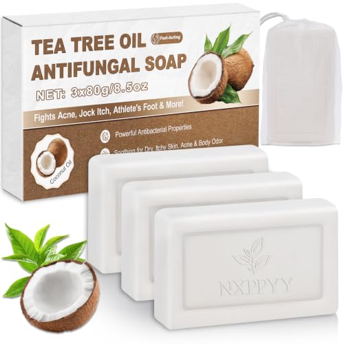 Antifungal Soap - Body & Face Wash for Acne, Folliculitis, Eczema, Body Odor, Jock Itch, Athletes Foot, Tinea Versicolor with Tea Tree Oil & Coconut (3Bars x 2.82 oz)