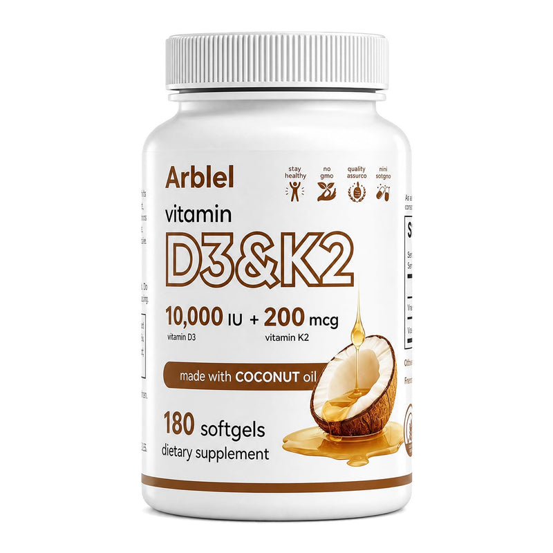 Vitamin D3 10000 IU K2 MK-7 200mcg 2-in-1 Formula | Cold-Pressed Virgin Coconut Oil Softgels, Extra Strength, Easy to Swallow, Gluten Free, 180ct 6 Month Supply