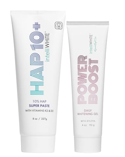 intelliwhite 8oz HAP10+ Toothpaste & 4oz Power Boost Whitening Gel Set - 10% Hydroxyapatite, Vitamin D3 K2 - Fluoride Free Enamel Care Paste + 5% Hydrogen Peroxide Whitening Gel - Made in USA