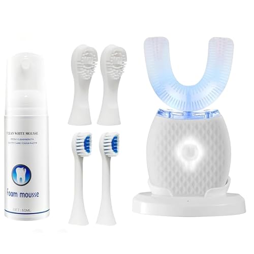 All-in-One U-Shaped Toothbrush for Adults, Ultrasonic Clean & Blue LED Light, Rechargeable with Charging Base (White)