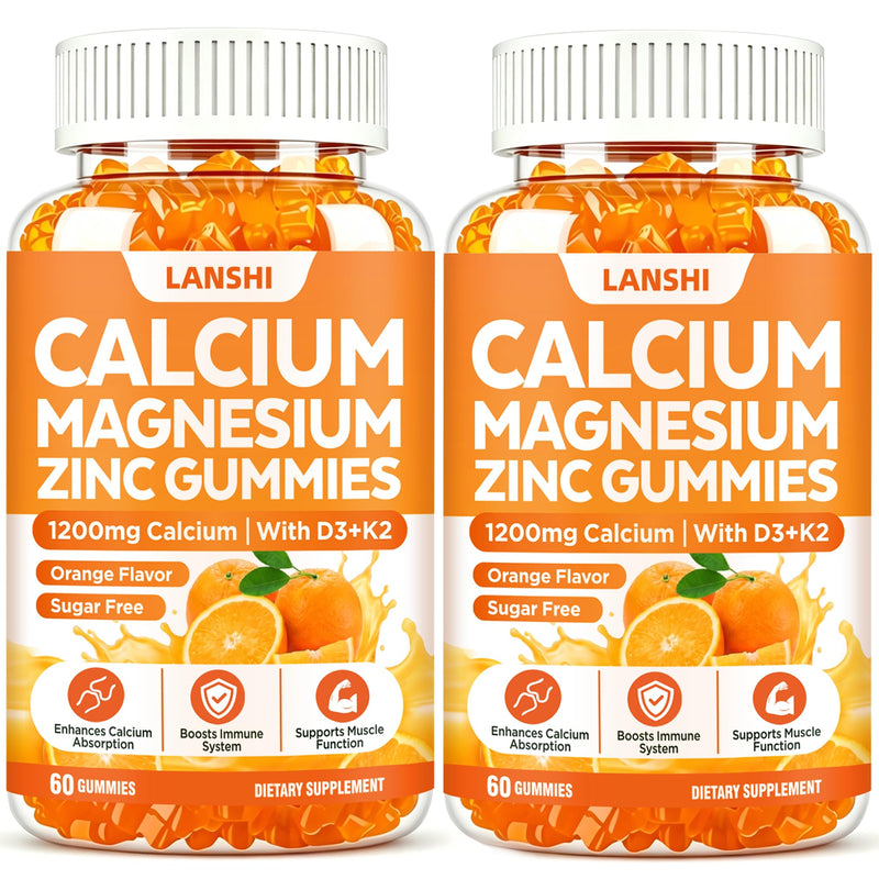 Calcium Gummies Calcium 1200 mg with Vitamin d3, K2, B12, Magnesium & Zinc | Calcium Magnesium Zinc Gummies for Bones, Immune & Energy Support, Sugar-Free Vegan Orange Flavor for Women & Men 60 Count (Pack of 2)