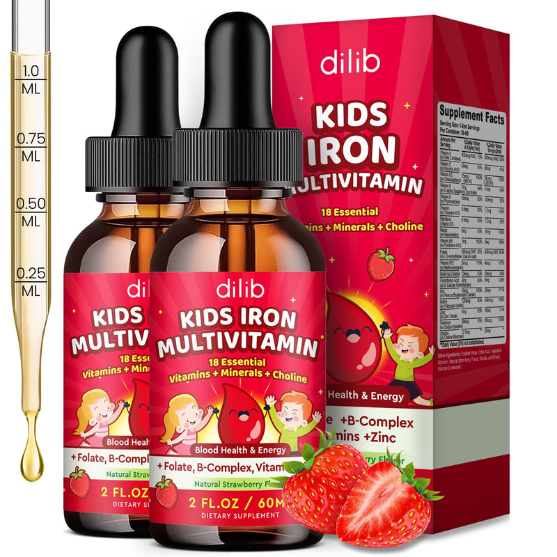 Liquid Iron Supplement for Kids, Kids Multivitamin with Iron Drops with Zinc, Vitamin B Complex, Folate - Support Blood Builder & Energy, Iron Deficiency for Women, Men, Vegan Strawberry 4 Fl Oz 2 Fl Oz (Pack of 2)