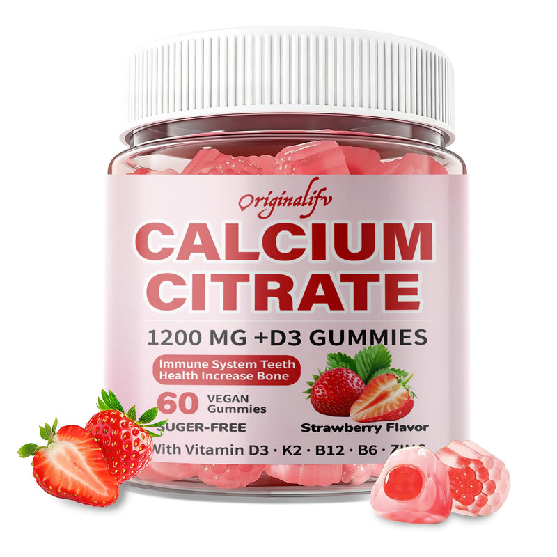 6-in-1 Calcium Gummies 1200 mg with Vitamin D3, K2, Pack of 1 | High Absorption B6,B12 & Zinc, Bone Density & Hormonal Support, Sugar-Free Vegan, Natural Strawberry Flavor