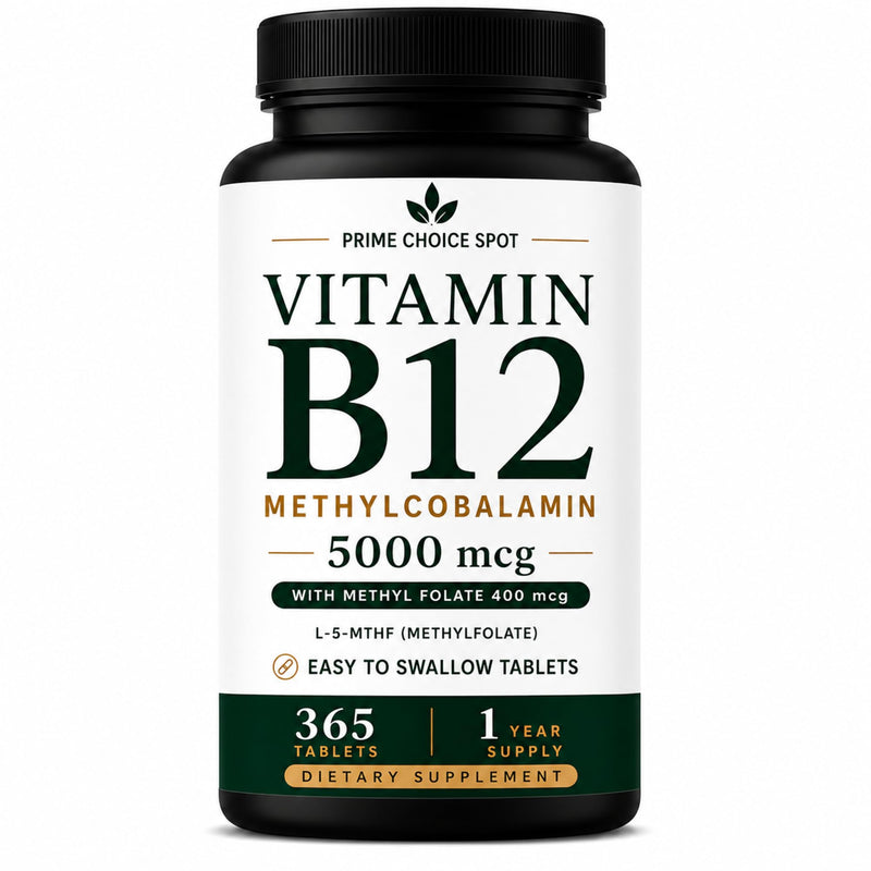 Vitamin B12 5000mcg with Methyl Folate, Methylcobalamin, 365 Tablets | 5000mcg Methylcobalamin + 400mcg L-5-MTHF • One Daily Tablet • Non-GMO • Vegetarian