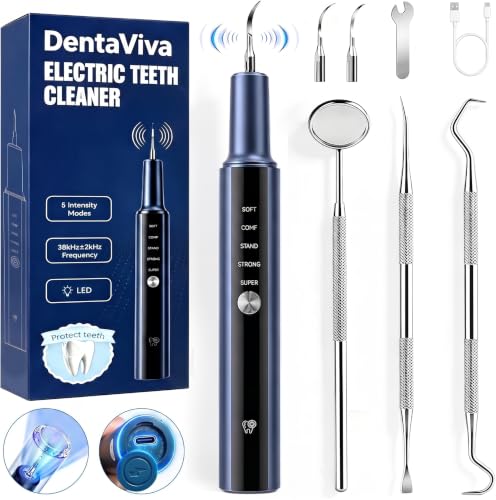Plaque Remover for Teeth, Dental Cleaning Kit Tartar Remover for Teeth with LED Light & 5 Modes, Rechargeable Dental Cleaner, 3 Replaceable Heads