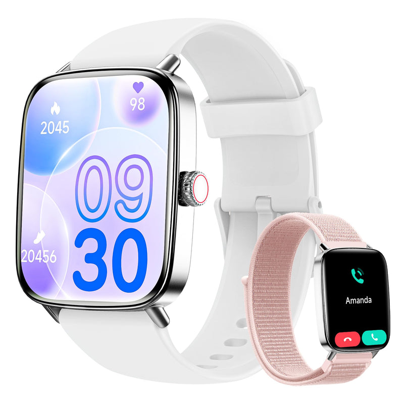 Smart Watch for Women Men, 1.85" HD AMOLED Fitness Tracker (Answer/Call) with 24/7 Heart Rate/Sleep/SpO2 Monitor for iPhone & Android, 120+ Sports Modes Smartwatch with IP68 Waterproof, 2 Bands White
