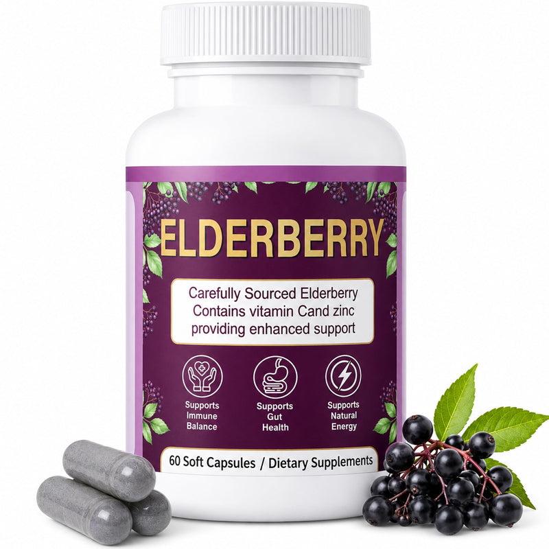 Elderberry Capsules with Vitamin C & Zinc, 1200mg Black Elderberry Extract | Vegan, Non-GMO, 60 Capsules, Supplement for Daily Wellness, Antioxidant & Digestive Support