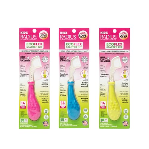 RADIUS EcoFlex Kids Floss Pick Starter Kit, Sustainable Compostable Dental Flossers for Small Mouths, BPA-Free & Non-Toxic, 14 CT Refills + 1 Reusable Handle, Pink, Blue and Chartreuse, Pack of 3 Hot Pink, Sapphire Blue, Chartreuse 1 Count (Pack of 3)