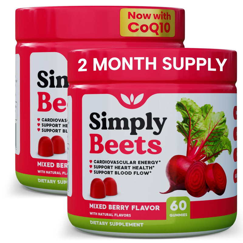 Simply Nature's Pledge Beet Gummies, CoQ10, Grape Seed Extract (Pack of 2) | CoQ10, Nitric Oxide & Energy Support, Non-GMO Beetroot Powder & Grape Seed Extract, Natural Mixed Berry Flavor 60 Count (Pack of 2)
