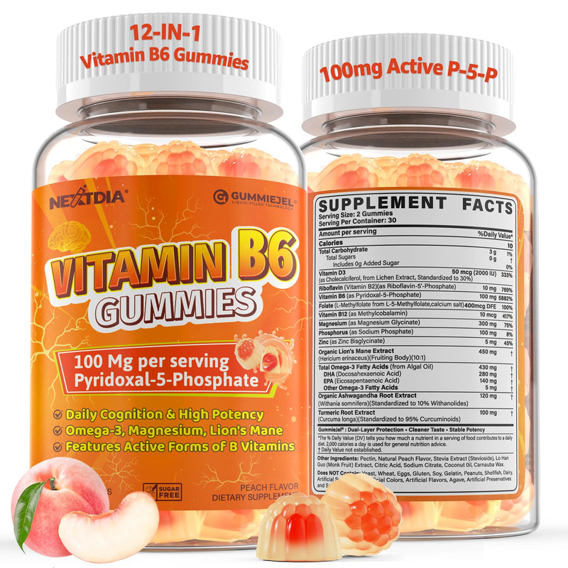 Vitamin B6 Gummies 100mg (P-5-P) + Methyl B12 & Folate, High Potency with Magnesium, Omega-3, Riboflavin, Lion's Mane, Zinc for Cognitive, Nḙrve, Energy, and M♡od & Immune Support, Sugar Free 60 Cts 60 Count (Pack of 1) Vitamin B6 Gummies