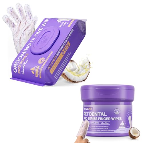 HICC PET Glove Wipes and Dental Finger Wipes Bundle, Rinse-Free Pet Grooming Gloves for Dogs and Cats, Teeth Cleaning Wipes for Breath Care, Coat Paws Body Butt, 20 Count + 50 Count
