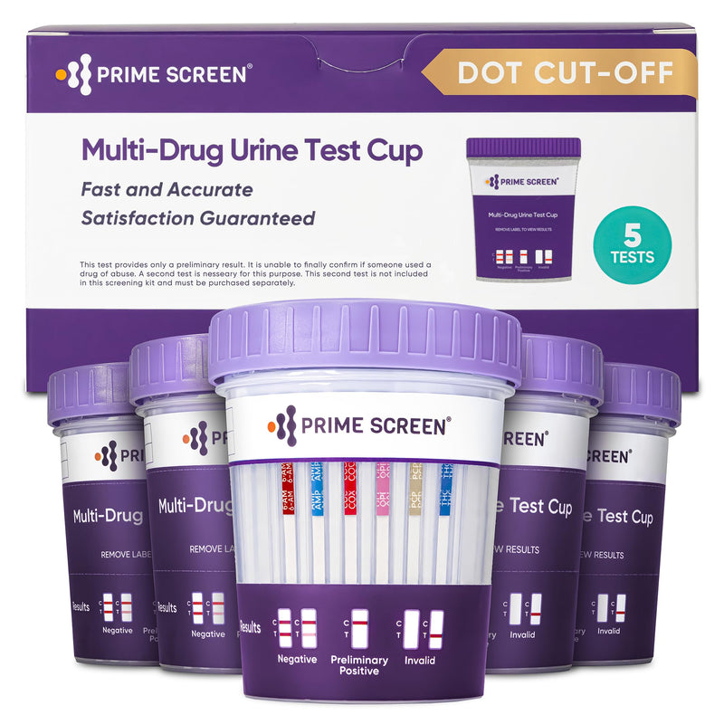 Prime Screen® Quick Result DOT Home Urine Drug Test Cup-Instant Testing Marijuana(THC50), 6-MAM, AMP500, COC150, OPI2000, PCP-[5 Pack]