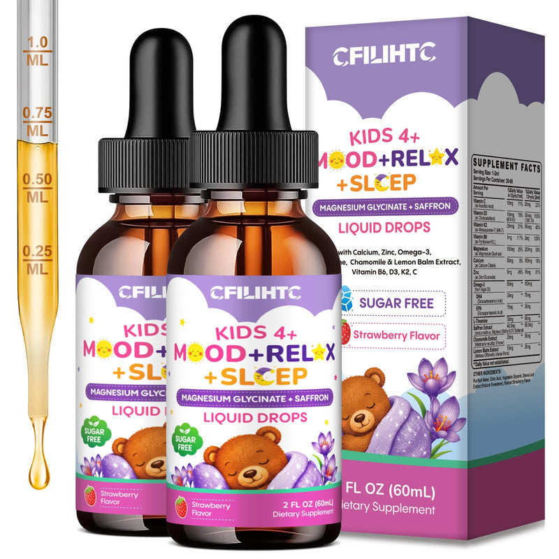 Kids Magnesium + Saffron Liquid Drops - Magnesium Glycinate Saffron for Kids with L-Theanine, Omega-3, Vitamin B6, D3, K2, Magnesium Drops for Children Mood, Relax, Sleep, Strawberry Flavor, 4 Fl Oz 2 Fl Oz (Pack of 2)