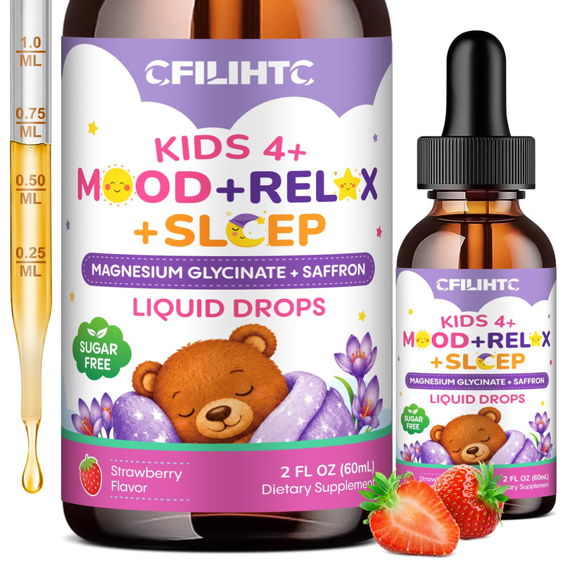 Kids Magnesium + Saffron Liquid Drops - Magnesium Glycinate Saffron for Kids with L-Theanine, Omega-3, Vitamin B6, D3, K2, Magnesium Drops for Children Mood, Relax, Sleep, Strawberry Flavor, 2 Fl Oz 2 Fl Oz (Pack of 1)