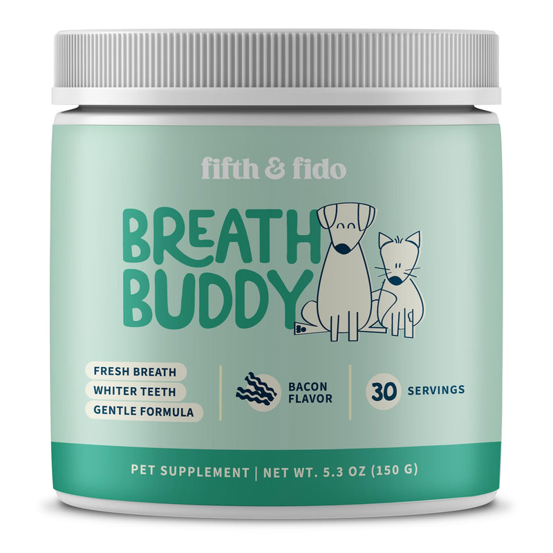 Fifth & Fido Breath Buddy Bacon Flavor Dog and Cat Dental Powder, with Brown Algae, Zeolite, Pomegranate, Cranberry and Marshmallow Root, Fresh Breath, Clean Teeth, Plaque and Tartar Removal, 5.3 oz