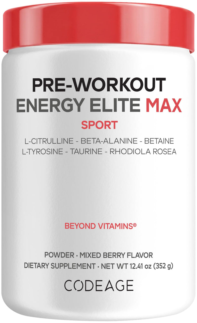 Codeage Pre-Workout, Citrulline, Beta-Alanine, Rhodiola, Mixed Berry, 12 oz | L-citrulline, beta-alanine, betaine, L-tyrosine, taurine, rhodiola rosea. 150mg natural caffeine from green tea. Non-GMO.