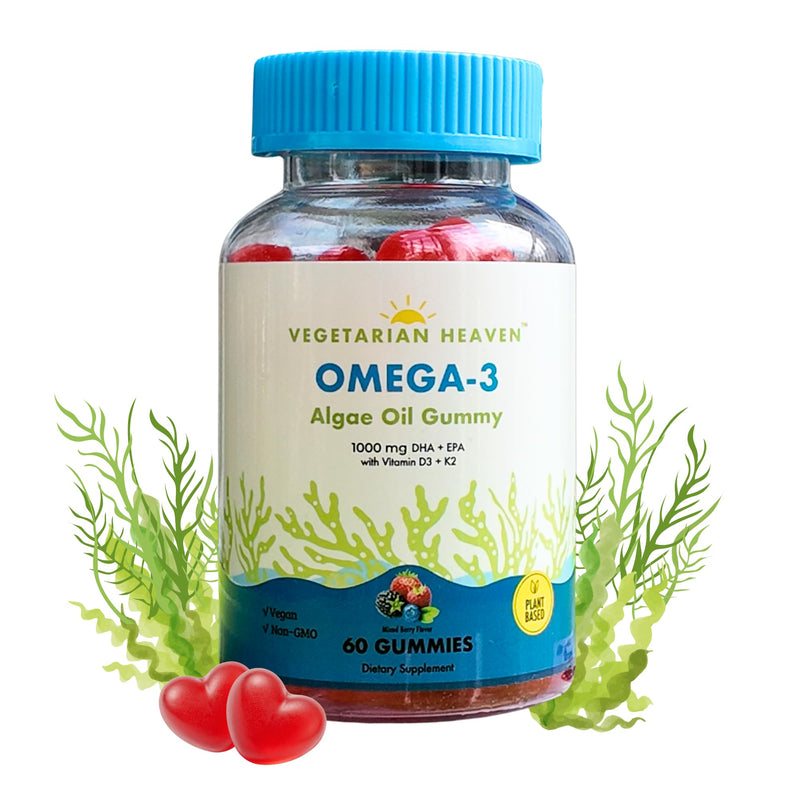 Vegetarian Heaven™ Omega-3, Algae Oil Gummies 1000mg, DHA+EPA, Vegan, Gelatin-Free, Gluten-Free, Vitamin D3+K2, 60 Count, Mixed Berry Flavor, Plant-Based Fish Oil Alternative