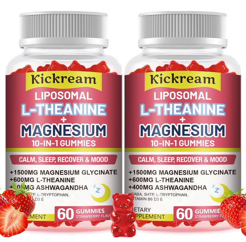 Liposomal Magnesium Glycinate 1500mg L-Theanine 600mg Gummies with Ashwagandha, GABA, 5HTP, Vitamin B6 & D3, Lemon Balm Leaf, L theanine Supplement Magnesium Gummies for Relax Mood & Muscle, 2 Pack 60 Count (Pack of 2)