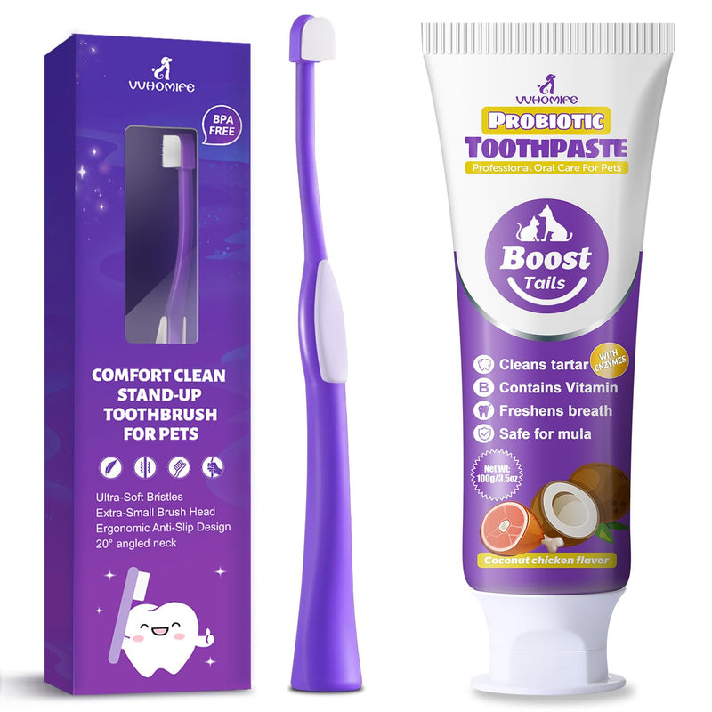 Natural Coconut Oil Dog & Cat Toothpaste for Fresh Breath + Zero-Pressure Comfort Pet Toothbrush