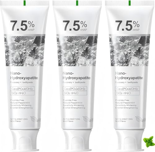 7.5% Hydroxyapatite Toothpaste for Enamel Protection, Fluoride-Free Formula with Gentle Mint, for Sensitive Teeth, Daily Protection, Long-Lasting Fresh Breath, 4.23 Oz (Grey，3PC) Grey 4.23 Fl Oz (Pack of 3)