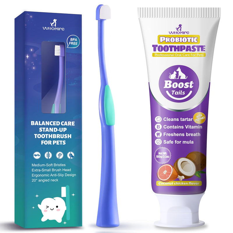 Natural Coconut Oil Dog & Cat Toothpaste for Fresh Breath + Medium-Soft Bristles Toothbrush