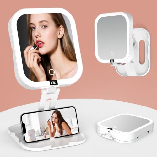 Travel Makeup Mirror with Lights,1X/10X Magnifying Mirror Foldable