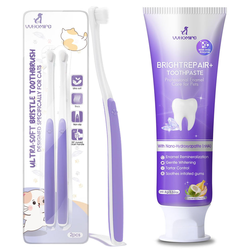 Cat Toothbrush for Daily Teeth Cleaning 2pcs + 6% nHA Pet Dual-Enzymatic Toothpaste