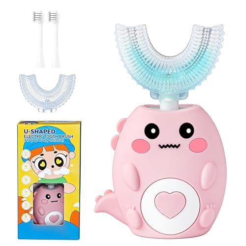 Kids Electric U Shaped Toothbrush for Ages 6-12, Sonic 360º Cleaning Toothbrush with 4 Brush Heads, 3 Modes, 50s Timer, IPX7 Waterproof, Cartoon Dinosaur Design, Gift for Boys & Girls (Pink) Pink