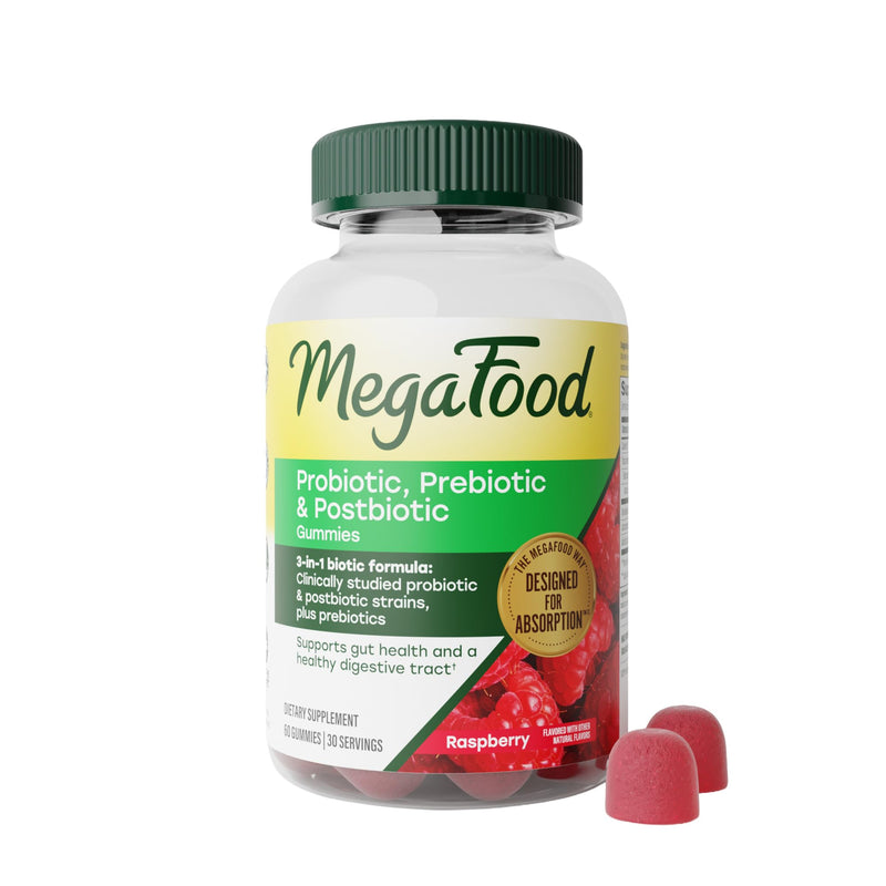 MegaFood Probiotic Prebiotic & Postbiotic Gummies, Raspberry, 60 Gummies | 3-in-1 Digestion Support and Gut Health, Probiotics for Women and Men, Prebiotic Fiber Gummies for Adults, Vegan, 30 Servings