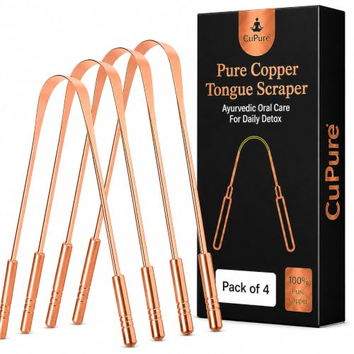 Pure Copper Tongue Scraper (Pack of 4) – 99.99% Pure Copper, Seamless One-Piece Design, Ayurvedic Oral Care Tool for Family & Daily Use Pack of 4