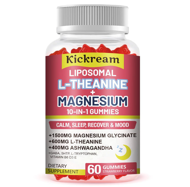 Liposomal Magnesium Glycinate 1500mg L-Theanine 600mg Gummies with Ashwagandha, GABA, 5HTP, Vitamin B6 & D3, Lemon Balm Leaf, L theanine Supplement Magnesium Gummies for Relax Mood & Muscle, 1 Pack 60 Count (Pack of 1)