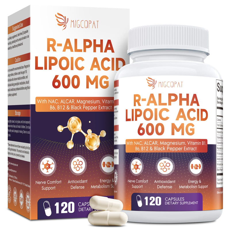 Migcopat R Alpha Lipoic Acid 600mg Neuropathy Supplement 120 Caps | ALCAR, NAC, Magnesium & Active B-Vitamins | Antioxidant for Energy & Nervous System, Non-GMO, Vegan