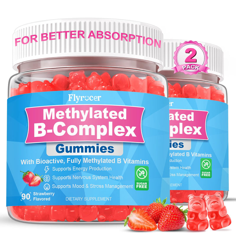 180 Count | Methylated Vitamin B Complex Gummies For Women & Men Sugar Free | Full B Vitamins with Magnesium, L-Theanine, Ashwagandha for Energy, Brain, Nerve, Immunity, M♡♡d & Str♡ss, Strawberry Flavor 90 Count (Pack of 2)