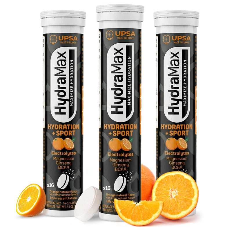 Upsa Hydramax Sport Electrolytes Hydration Tablets – Natural Orange Effervescent with 4 Essential Electrolytes Magnesium, Ginseng Extract, BCAAs & Vitamin C, 48 Count (48 Servings) 16 Count (Pack of 3)