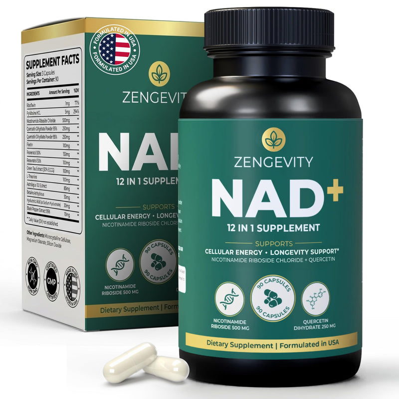 NAD+ Supplement with Quercetin, Resveratrol, Green Tea Extract, Fisetin & L-Theanine - Multi Ingredient Capsule Formula - 90 Capsules - 30 Servings
