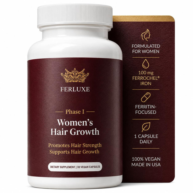 Ferritin Iron Supplement for Women - Hair Growth, Vitamin C, Vegan | 100mg Ferrochel iron, zinc, biotin, vitamin C. Phase 1 of a two-phase system for women with low ferritin. Vegan, 30 ct.