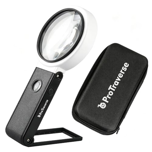 Magnifying Glass with Light and Stand,Handheld Magnifier for Reading,Hands Free Magnifying Glasses for Close Work，USB Rechargeable LED Light, Storage Case