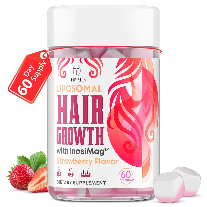 Liposomal Hair Growth Vitamins for Women, Biotin 12,000 mcg, 60 Soft Chews | Hair Growth Supplement, InosiMag, Collagen, Zinc, Vitamins C & D, Hair Skin and Nails Vitamins, Strawberry, 60-Day Supply 60 Count (Pack of 1)