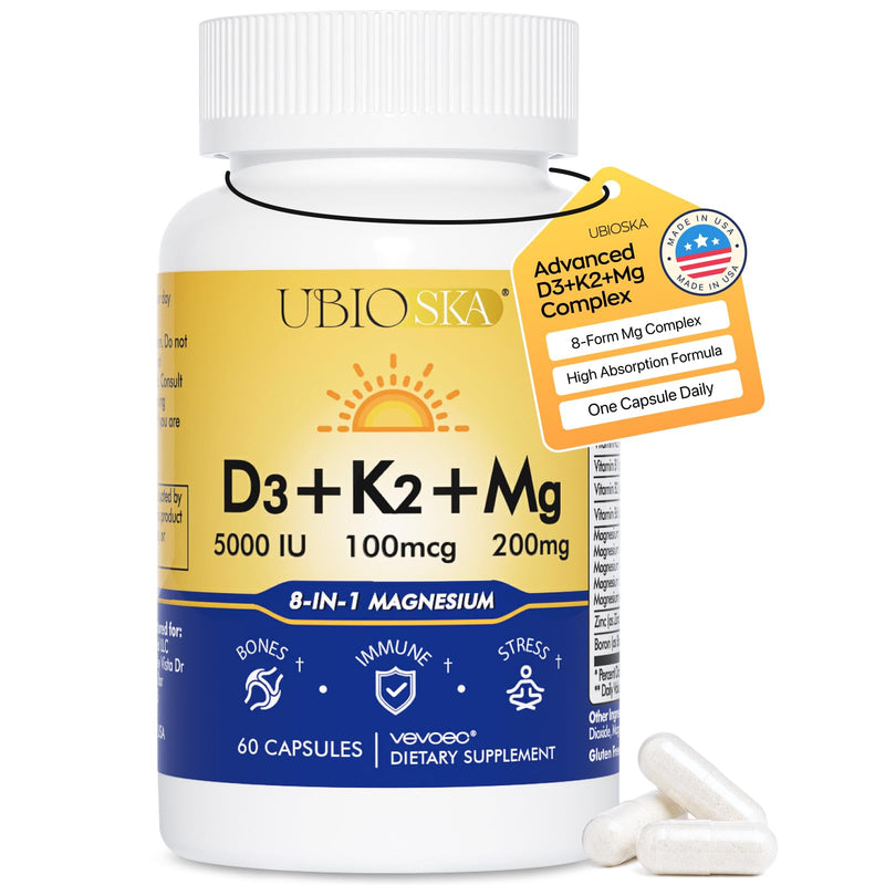 Vitamin D3 K2 Magnesium, Supplement 5000 IU Vitamin D3 & MK-7 K2 with 8-in-1 Magnesium Complex, Magnesium Glycinate, Malate & Taurate for Bone, Sleep, Stress Relief & Mood, 60 Capsules 1 Count (Pack of 1)