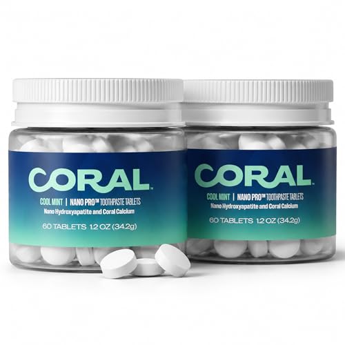 Coral Nano Hydroxyapatite Toothpaste Tablets with Coral Calcium – Remineralizing Enamel Repair, Fluoride Free, SLS Free, Vegan Mint Chewable Tabs, Whitening & Sensitive Teeth, Made in USA, 1 Month 3.38 Ounce (Pack of 2)