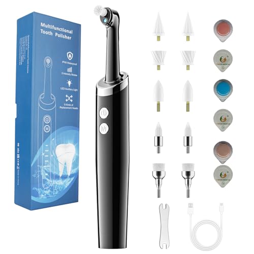Tooth Polisher Plaque Remover for Teeth, Whitening Kit with 10 Brush Heads & 6 Polishing Pastes, 5 Smart Modes to Effectively Remove Stains, Yellowing and Plaque, Rechargeable, Black 1 count (Pack of 1) 1 Count (Pack of 1)