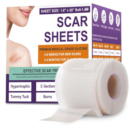 Silicone Scar Sheets, Medical Grade Silicone Scar Tape for Surgical, Hypertrophic, Keloid, C-Section, Burn, Old & New Scars, Reusable Professional Scars Removal Sheets (1.6"X 55" Roll-1.4M)