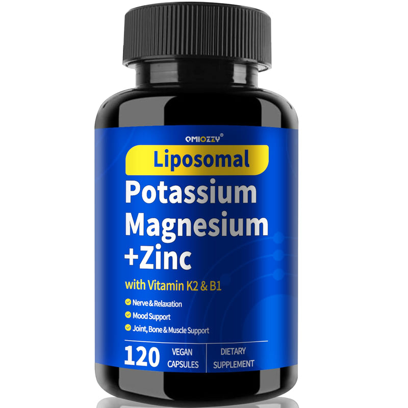 Potassium Magnesium Supplement, Non-GMO, Vegan, (120 Capsules, 1 Pack) | 1600mg Liposomal Magnesium Aspartate, Potassium Chloride, with Zinc, K2, B1 for Leg Cramps, Support Vascular, Bone and Heart