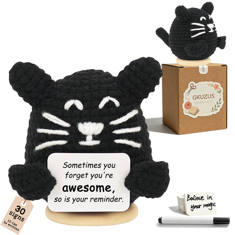 Lovely Friendship Gift, Mini Cute Handmade Crochet Black Cat W/ 30 Positive Affirmation Cards - Ideal Gifts for Birthdays, Fathers Day, Graduations, Suitable for Friends, Family, Coworkers & Teens
