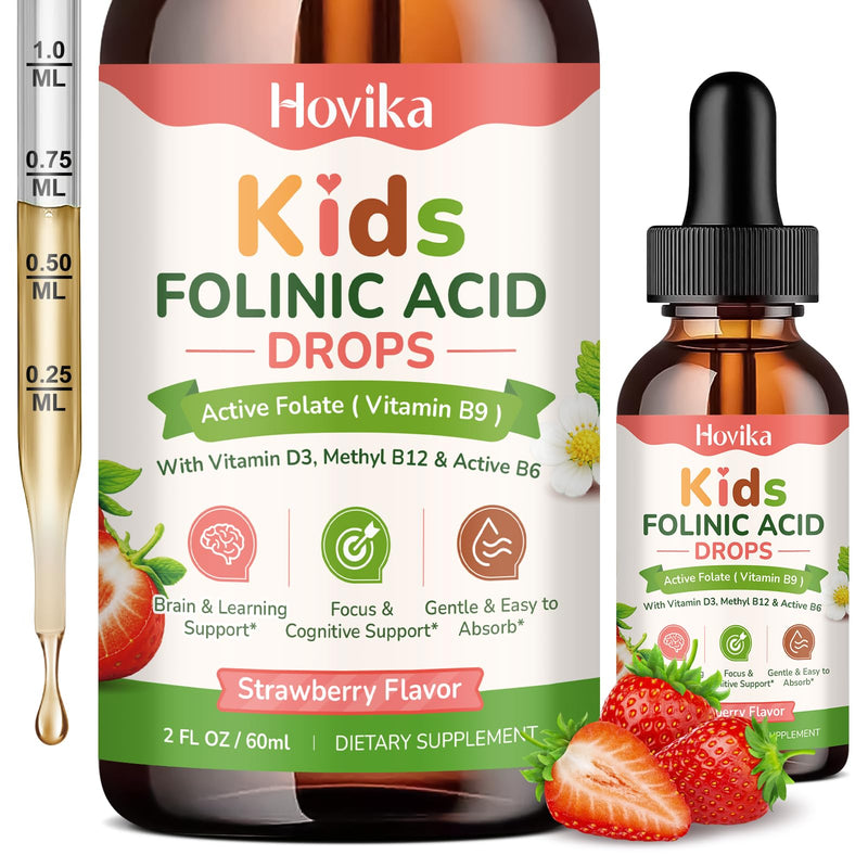 Kids Folinic Acid Drops with Active Folate, Folic Acid Alternative for Kids, Citicoline, Dual Active B12, Vitamin D3, P5P B6 & R5P B2, Brain, Learning, Focus & Mood Support, Strawberry, 2 Fl Oz