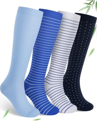 Bamboo Compression Socks for Women, 4 Pairs, 15-20 mmHg, Knee-High Support Small-Medium 02-blue