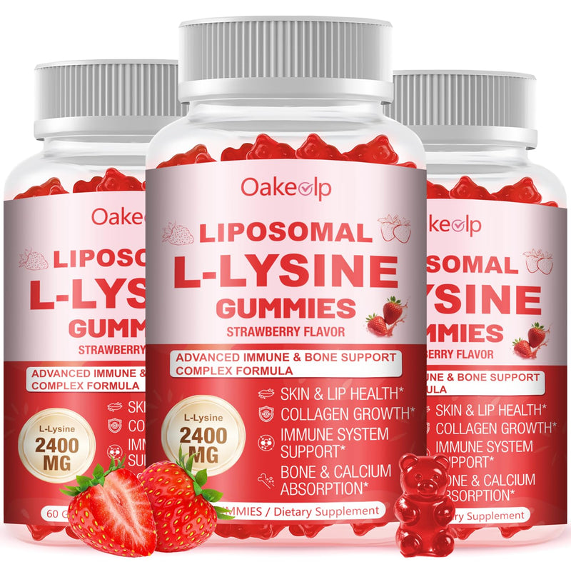 3 Pack Liposomal L-Lysine 2400mg & Vitamin C 1000mg Gummies - with D3 K2 Zinc, Magnesium, Echinacea - for Lips & Oral Wellness,Immune Support, Skin Health & Energy Boost 60 Count (Pack of 3)