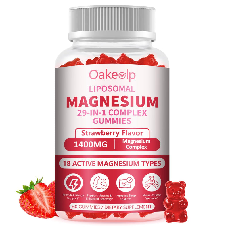 29-in-1 Liposomal 18 Active Types Magnesium Complex 1400MG Gummies,Citrate Glycinate Malate etc,Mild & Efficient,Extra Vitamin B6 B12 D3K2 & CoQ10, Relaxation Nerve* & Hert* Support 60 Count (Pack of 1)