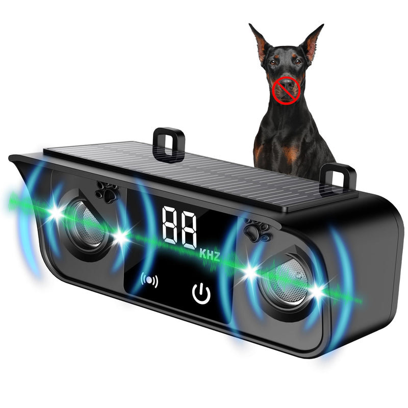 Solar Ultrasonic Dog Bark Deterrent Device, Outdoor Waterproof Anti Barking Device for Dogs with 50ft Range, Sonic Bark Deterrent for Small Medium Large Dogs for Indoor and Outside Use Black