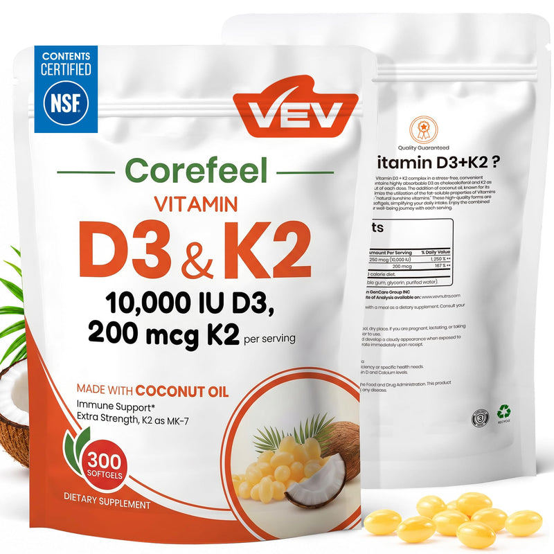 VEV Corefeel Vitamin D3 K2 10,000 IU, 200 mcg MK-7, 300 Coconut Oil Softgels 300 Count (Pack of 1)